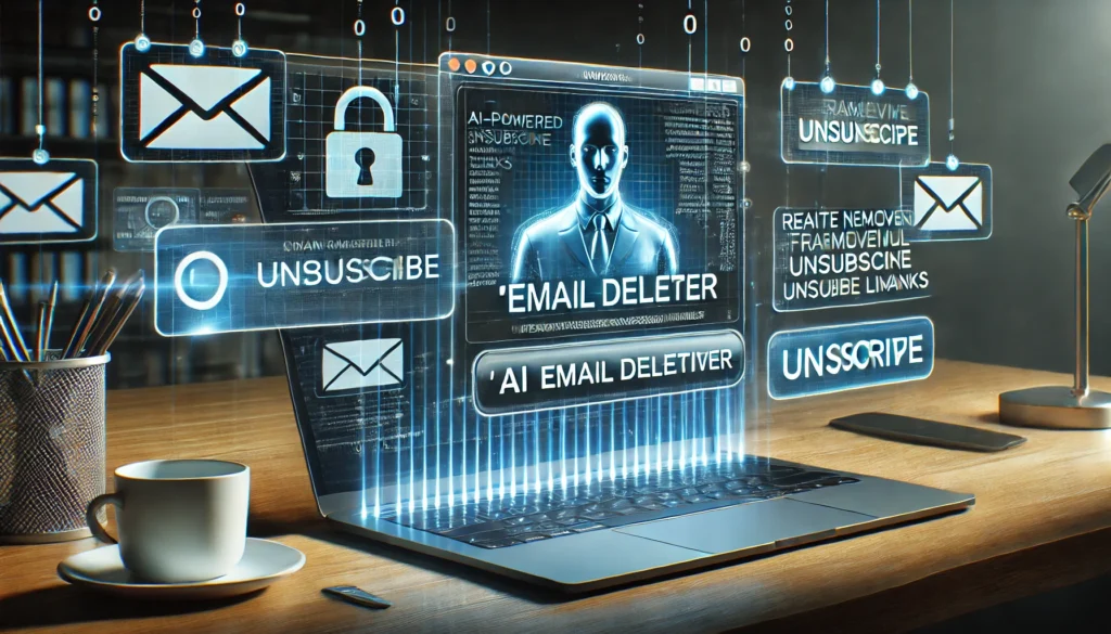 "A high-tech AI-powered 'email deleter' scanning and removing fraudulent unsubscribe links from emails, preventing phishing attempts in a sleek digital workspace."