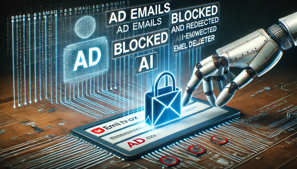 "A conceptual email inbox where ad emails are being blocked and redirected by an AI-powered email deleter, symbolizing digital security and automation in email management."