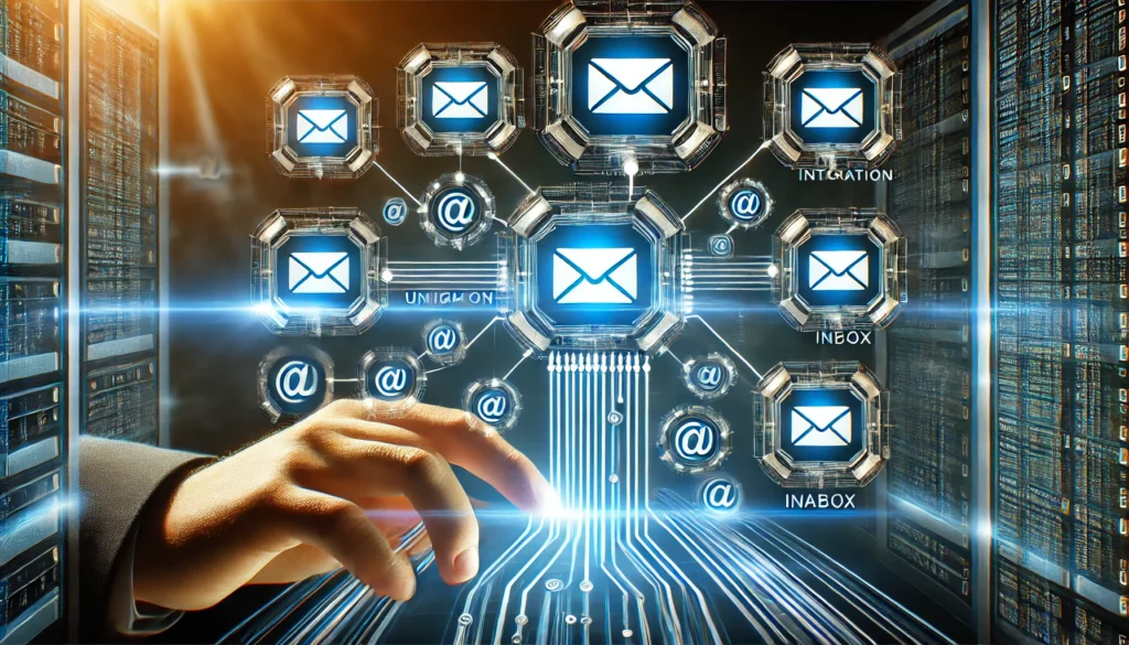 A futuristic digital interface displaying multiple email accounts merging into a unified inbox, symbolizing efficient email management with interconnected icons."