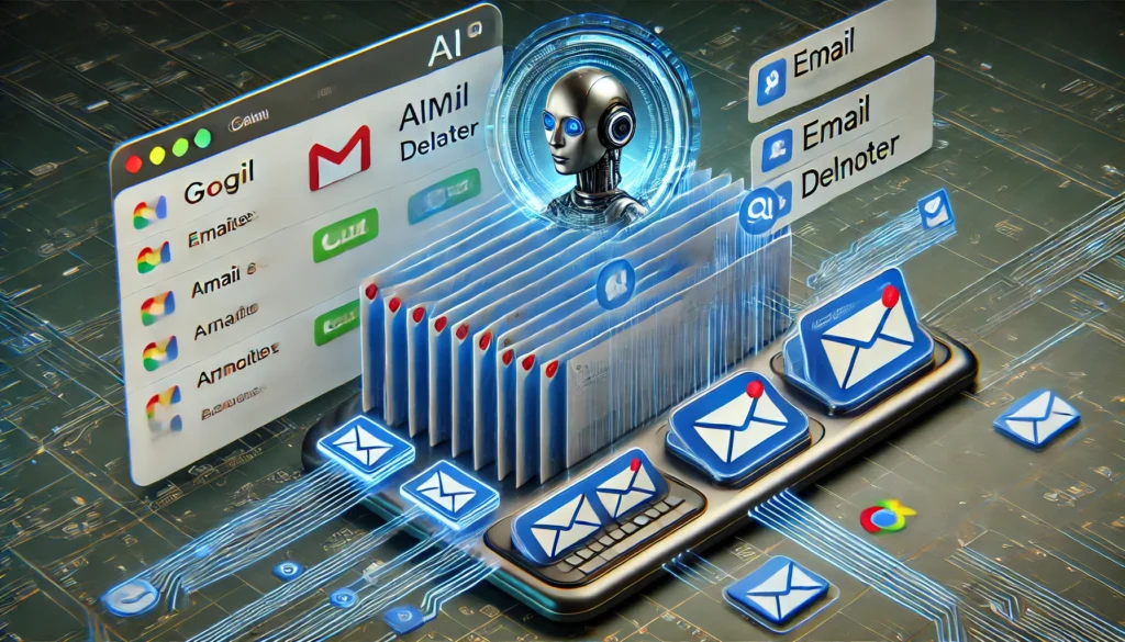 "A futuristic AI-powered email deleter tool actively organizing a Gmail inbox, automatically sorting and filtering messages for enhanced productivity and efficiency."