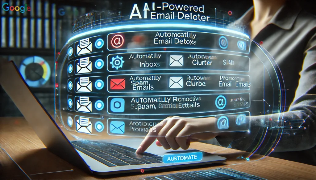  A futuristic AI-powered email deleter tool actively organizing a Gmail inbox, automatically sorting and removing spam, clutter, and promotional emails.