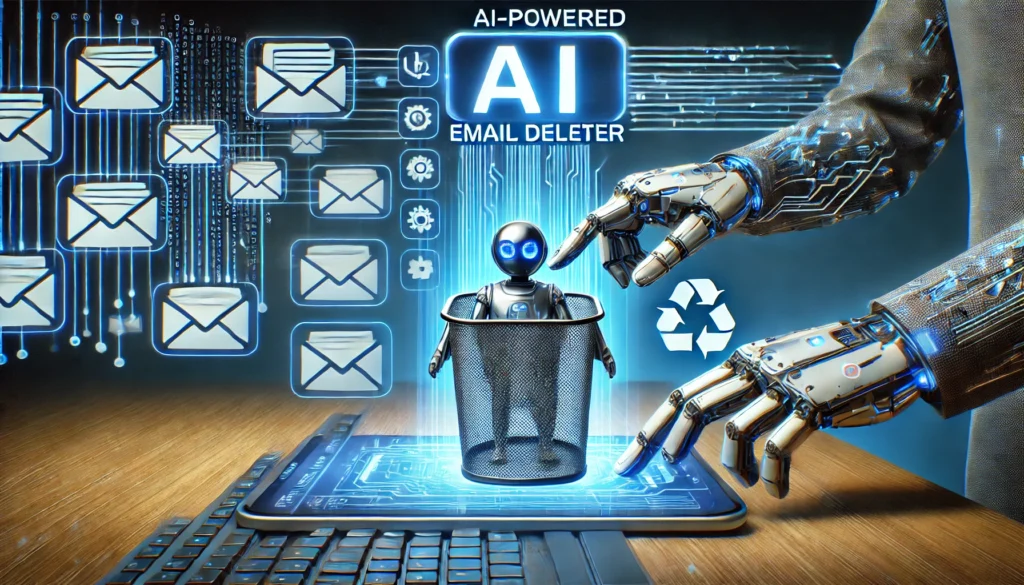 A futuristic AI-powered email deleter tool actively sorting and managing a cluttered email inbox. The sleek and modern interface efficiently removes spam and unnecessary emails, enhancing digital organization.