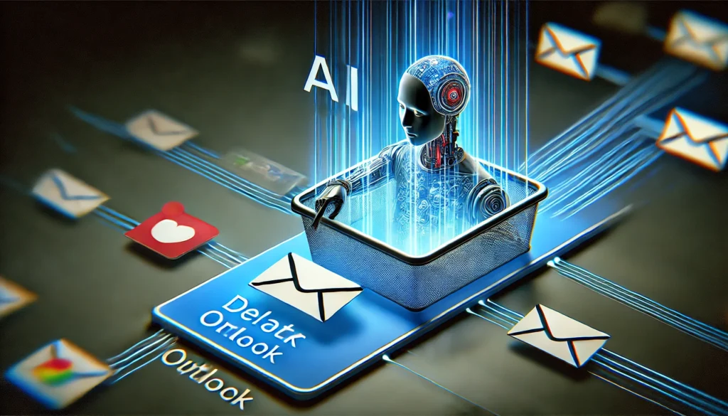 A futuristic AI-powered email deleter tool actively sorting and managing an Outlook inbox. The sleek and modern interface highlights an advanced digital system efficiently filtering unwanted emails to maintain a clutter-free inbox.