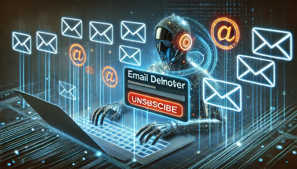 "A futuristic AI-driven 'email deleter' tool scanning an inbox for suspicious unsubscribe links, protecting users from scam emails with advanced cybersecurity."