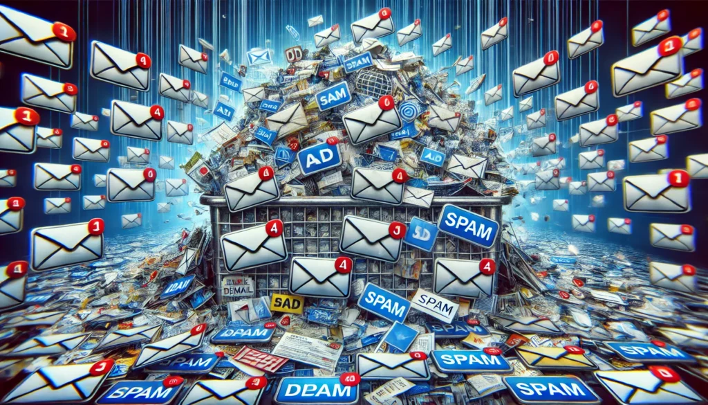  "An overloaded email inbox cluttered with ad emails and spam, illustrating the frustration of digital clutter and the necessity of an effective email deleter tool."