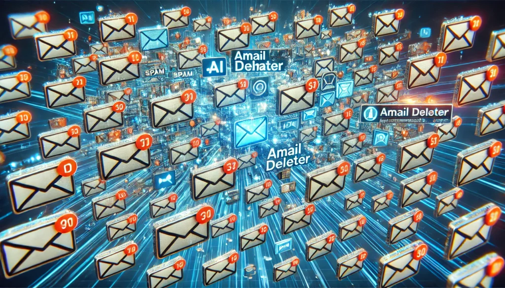  "A cluttered email inbox filled with spam and unwanted messages, highlighting the need for an AI-powered email deleter to efficiently block and filter these emails."