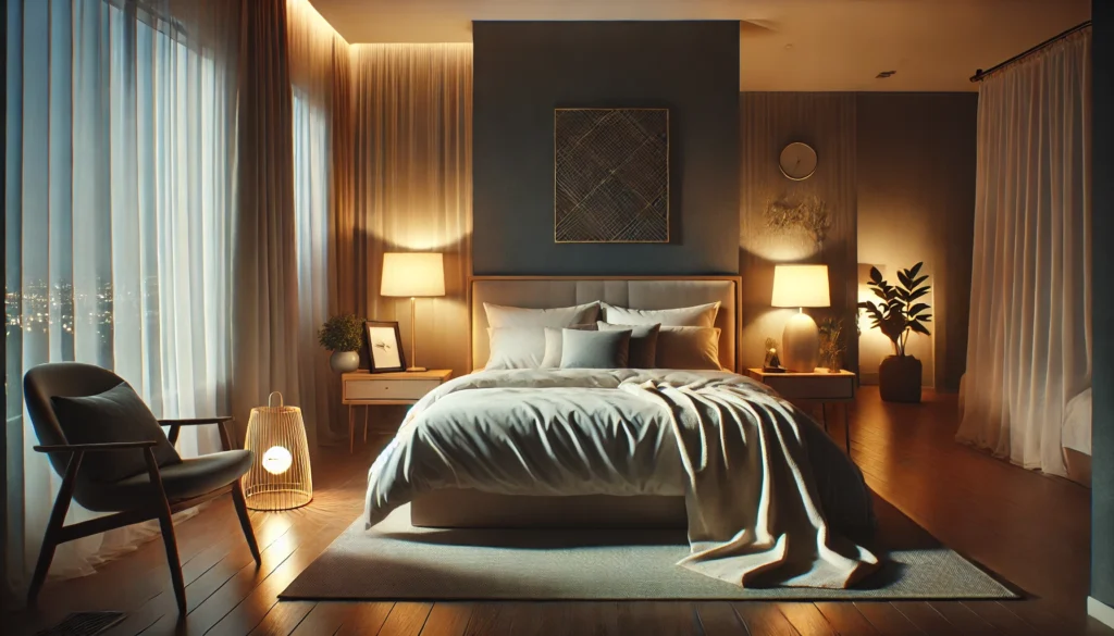 A peaceful bedroom designed for optimal sleep, featuring a cozy bed, dim lighting, and a relaxing atmosphere. The setting highlights the importance of a proper sleep environment for improving rest quality.