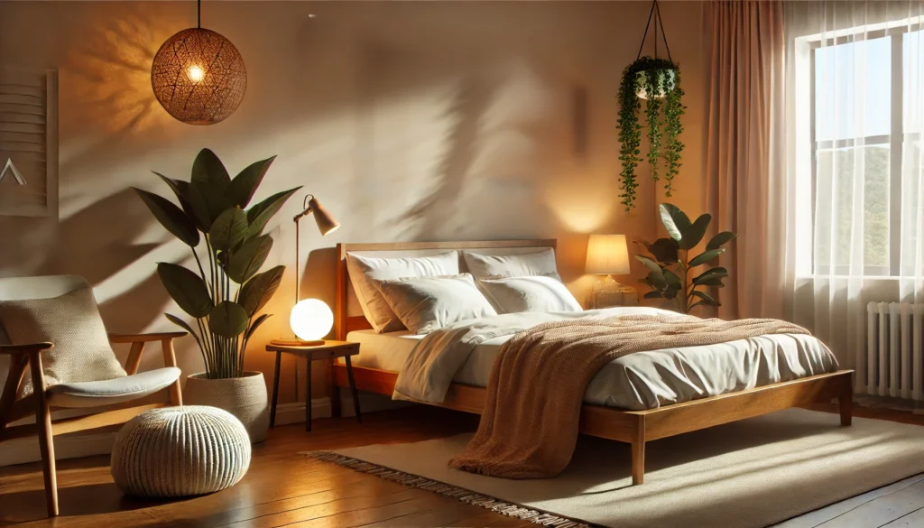 A tranquil bedroom environment designed for relaxation and security, featuring soft ambient lighting, a neatly made bed with warm blankets, and indoor plants. The peaceful setting promotes comfort and an ideal atmosphere for restful sleep.