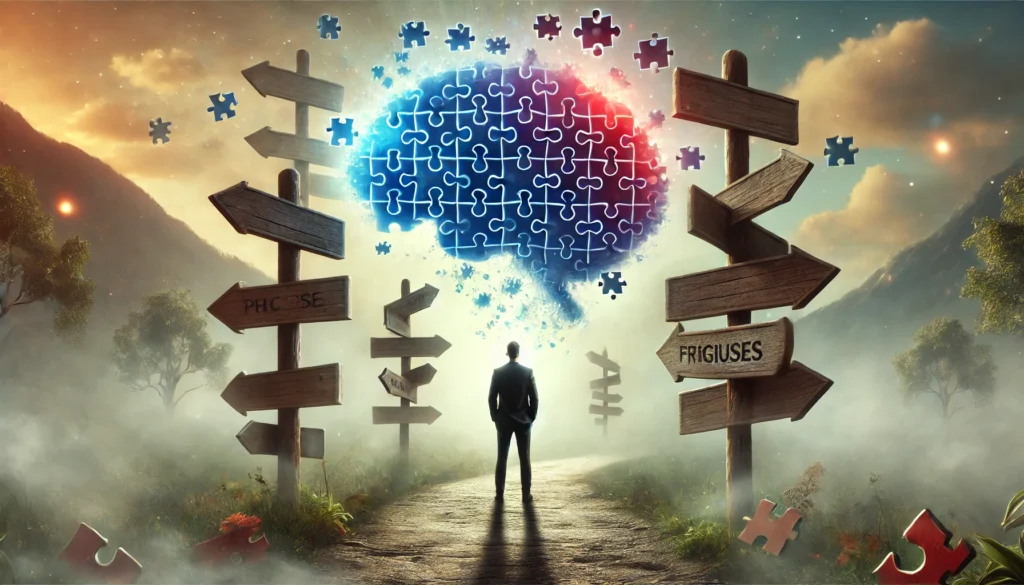 A surreal image of a person at a confusing crossroads, their fragmented mind representing how more and more people lack this cognitive ability for clear decision-making.