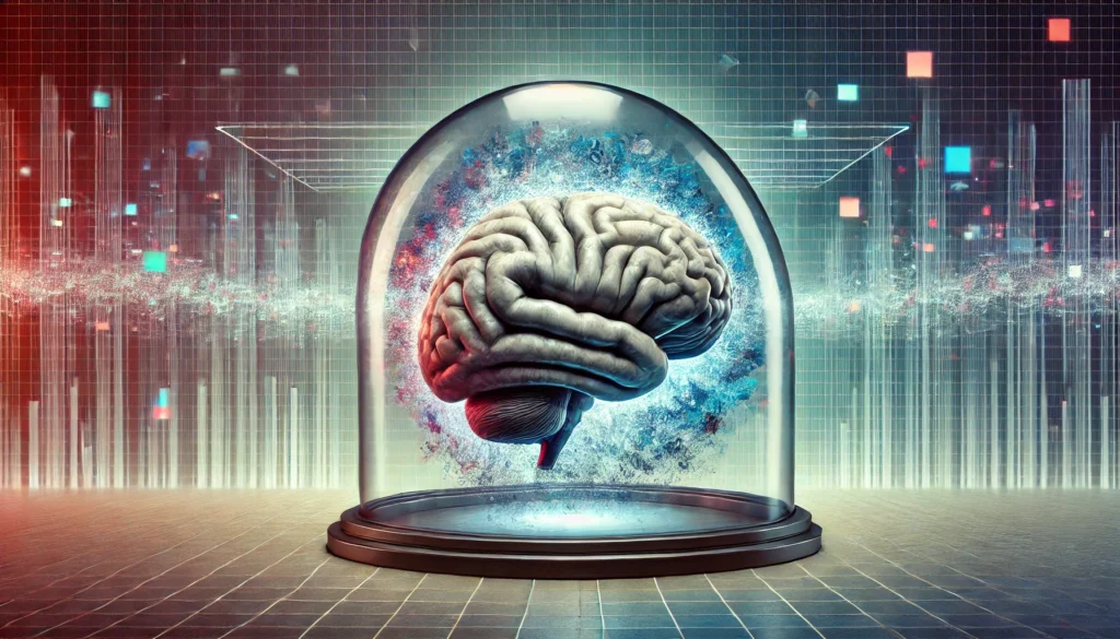 A conceptual illustration of a brain inside a glass dome, fading into digital noise, highlighting how more and more people lack this cognitive ability due to technological overload