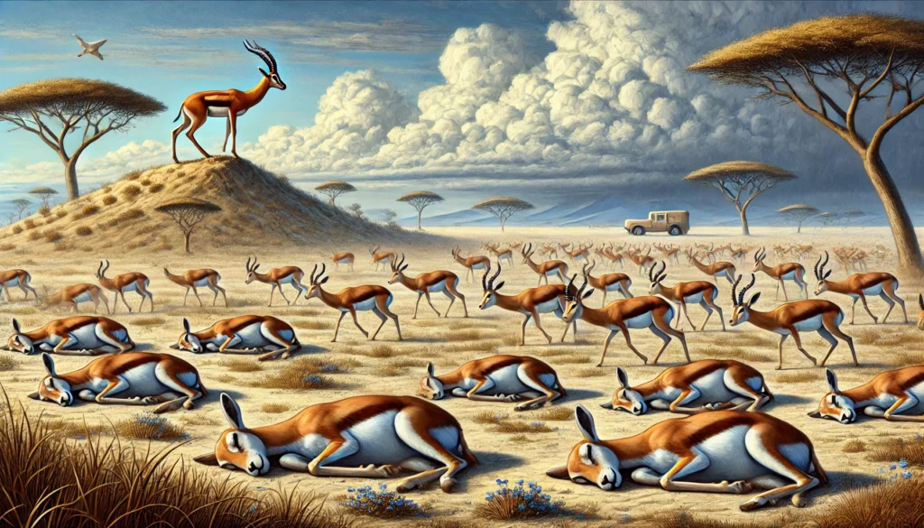 A herd of gazelles sleeping in an open savanna while a distant predator watches, representing the evolutionary balance between rest and vigilance in the adaptive theory of sleep