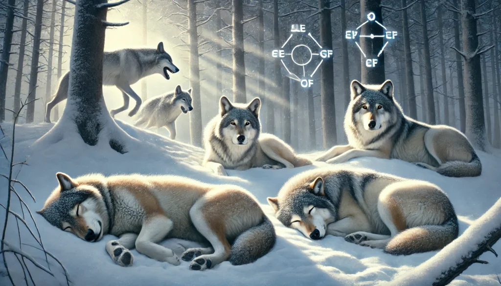 A wolf pack sleeping in a snowy forest, with one wolf standing guard, illustrating the adaptive theory of sleep and the balance between rest and vigilance in survival