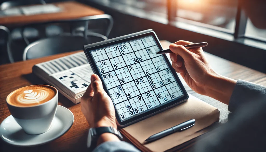 A person solving a Sudoku puzzle on a tablet, immersed in mental stimulation. This image highlights focus games for adults that improve logic and concentration