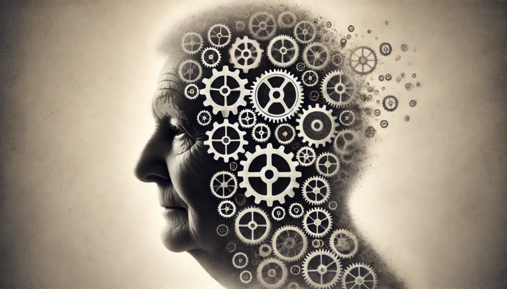 How does cognition change with aging? A conceptual visualization of an elderly person's silhouette with gears inside their head, illustrating the decline in problem-solving and cognitive processing speed