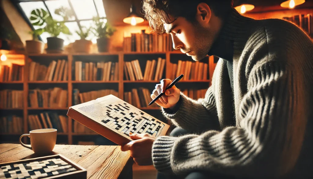 An adult deeply engaged in a crossword puzzle, sitting in a warm reading nook. A great example of focus games for adults that boost vocabulary and cognitive flexibility