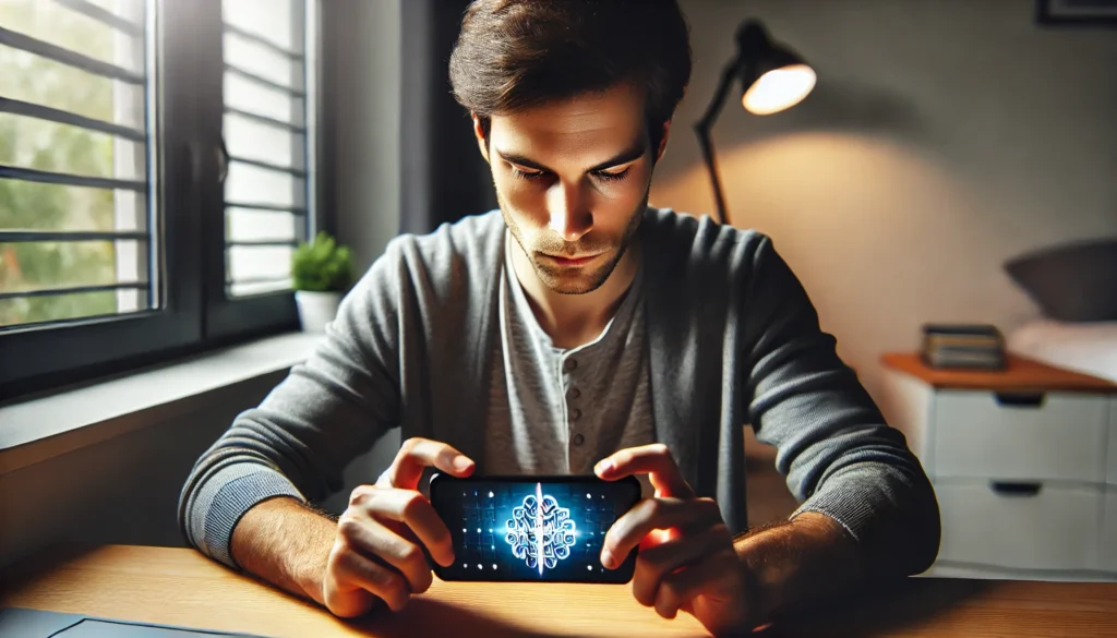 A person concentrating on a digital brain-training game on their smartphone in a modern home office. This showcases focus games for adults that enhance memory and mental agility