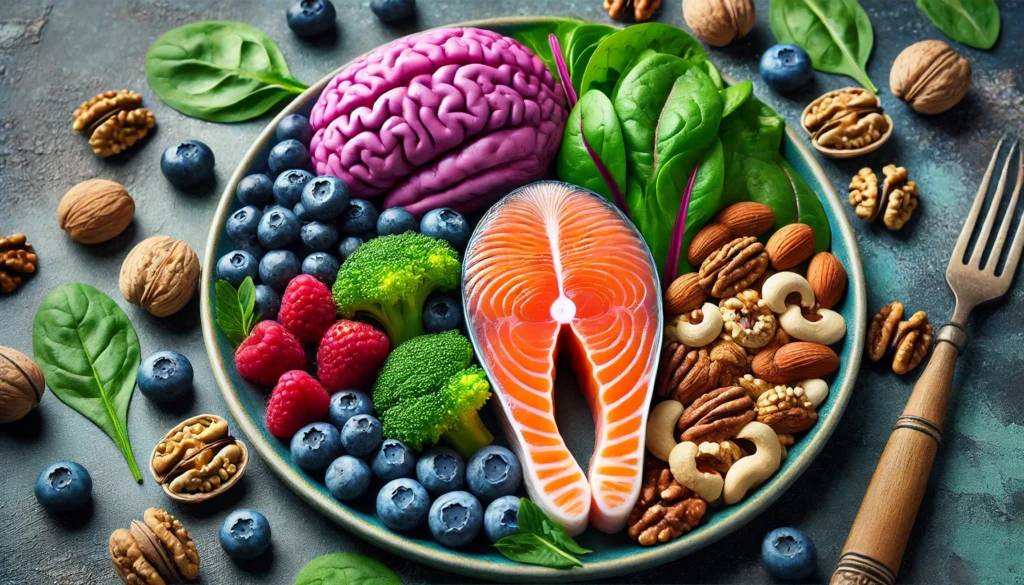 Turn your aging brain around with proper nutrition—a beautifully arranged plate featuring salmon, blueberries, nuts, and leafy greens, packed with essential nutrients for cognitive health