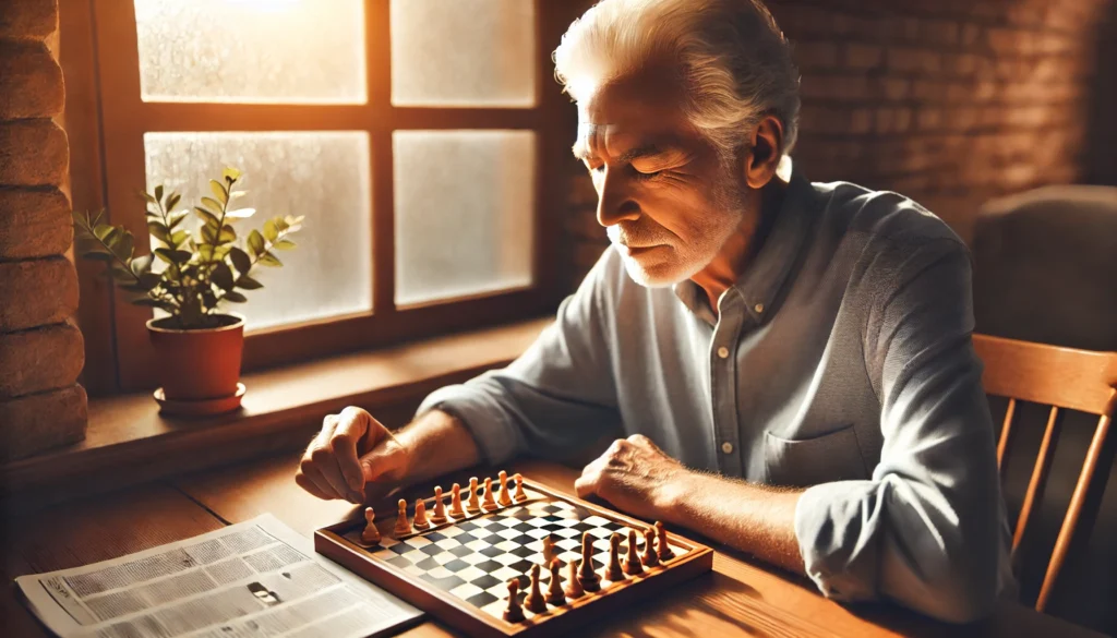 Turn your aging brain around by staying mentally engaged—an elderly man focuses on a crossword puzzle, highlighting the power of cognitive stimulation in maintaining brain function.