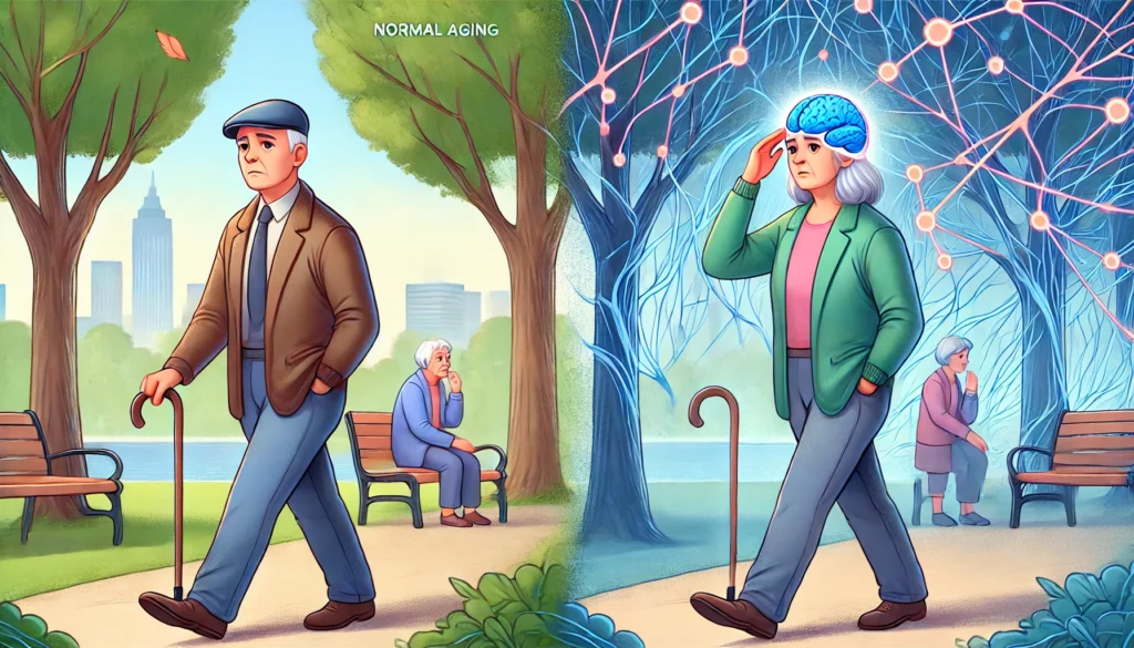  An elderly individual confidently walking in a familiar park on the left, while on the right, another person looks confused in the same setting, symbolizing spatial disorientation in dementia