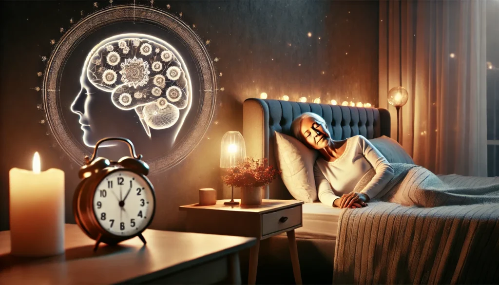 Turn your aging brain around with quality sleep—an elderly woman enjoys restful sleep in a cozy bedroom, emphasizing the role of deep sleep in cognitive rejuvenation.