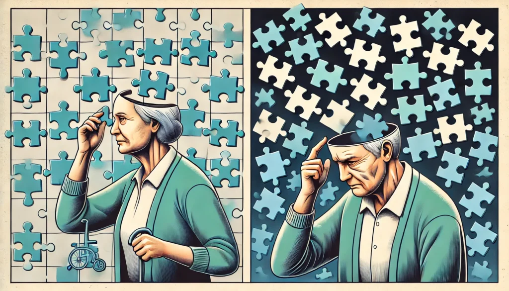 The left side features an elderly person solving a puzzle with ease, while on the right, another struggles to fit pieces together, visually portraying cognitive decline.