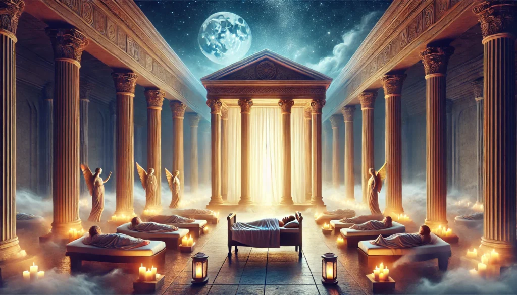 A historical depiction of an ancient Greek sleep temple where individuals rest in a tranquil chamber for divine healing. The classical architecture, candle lighting, and serene ambiance emphasize the ancient belief in sleep as a restorative practice.