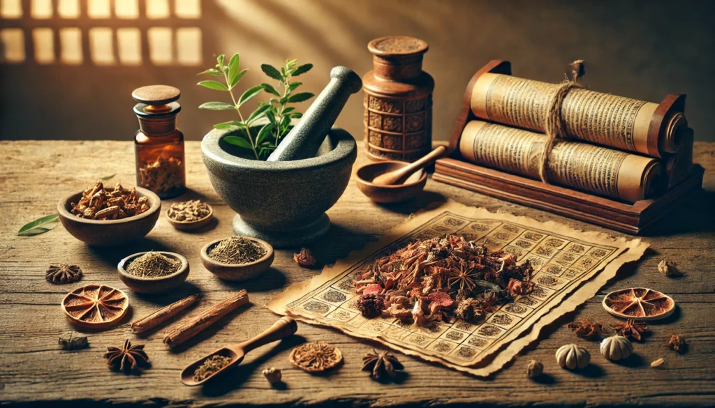 A historical depiction of ancient herbal remedies for cognitive enhancement, featuring a wooden table with dried herbs, a mortar and pestle, and ancient scrolls representing Greek and Chinese medicinal traditions. The warm lighting evokes a sense of history and tradition.