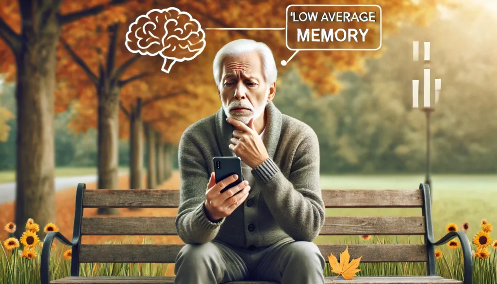 Elderly person sitting on a park bench, confused while holding a smartphone, visually depicting mild cognitive challenges and memory struggles