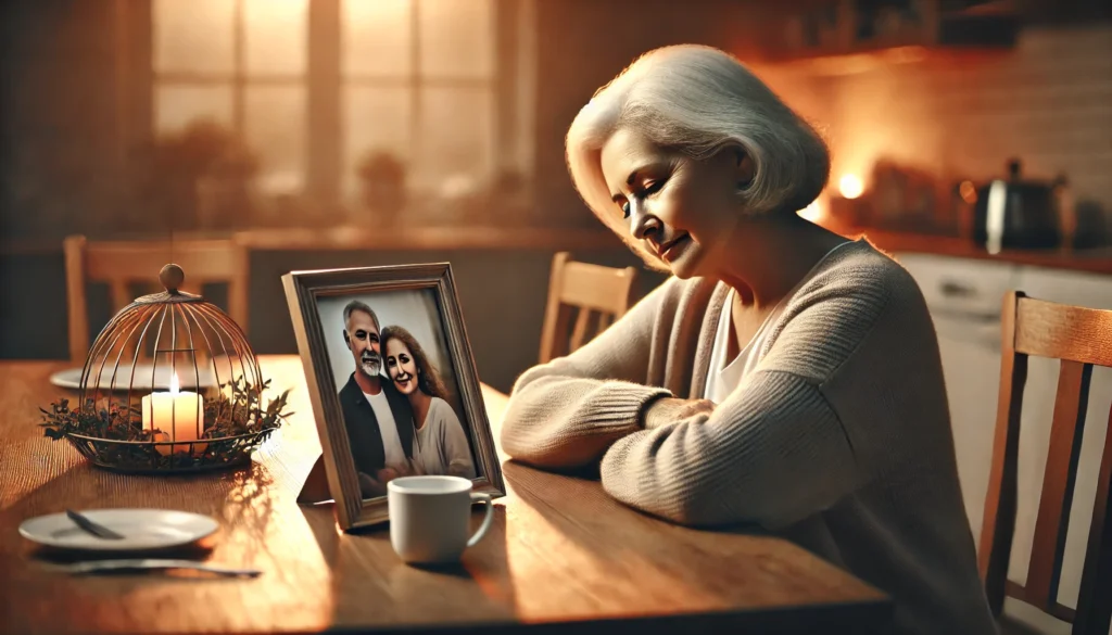 A senior individual sits at a dining table, gazing at a family photo with a nostalgic expression. The warm environment highlights the theme of dementia without behavioral disturbance, focusing on memory and quiet reflection.