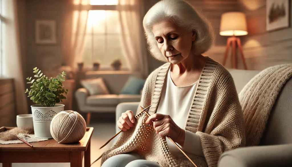 An elderly woman knits a scarf in a cozy living room, appearing calm and engaged. The soft lighting and peaceful setting represent dementia without behavioral disturbance, emphasizing cognitive engagement without emotional distress.