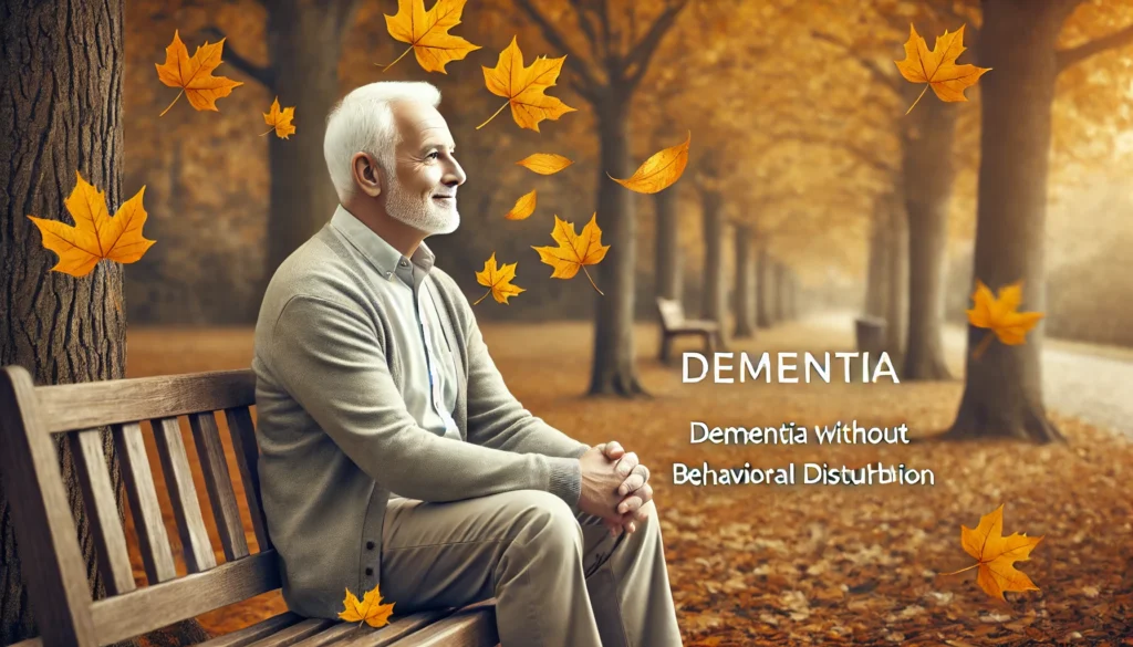 A senior man sits on a park bench in autumn, watching the falling leaves with a gentle smile. The tranquil outdoor setting reflects quiet contemplation, symbolizing dementia without behavioral disturbance and cognitive changes.