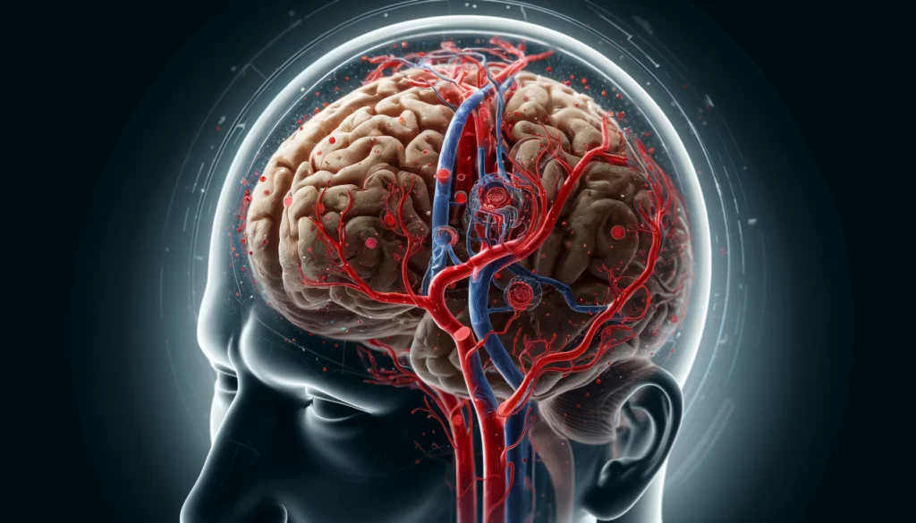 A conceptual medical rendering of vascular dementia, showing a cross-section of the brain with blocked and narrowed arteries leading to reduced blood flow and cognitive decline