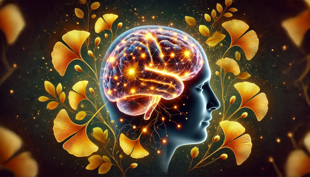 A scientific visualization of a human brain with glowing neural connections surrounded by golden ginkgo biloba leaves, symbolizing the plant's neuroprotective effects against Alzheimer's disease