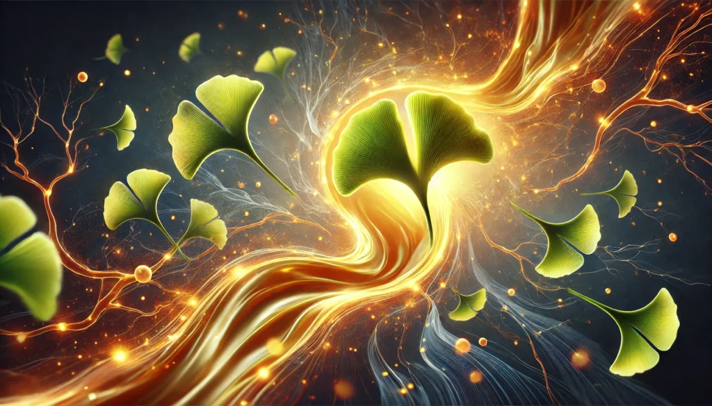 A conceptual image of a golden light stream symbolizing enhanced cerebral blood circulation with floating ginkgo biloba leaves, representing the plant's role in cognitive function and Alzheimer's prevention