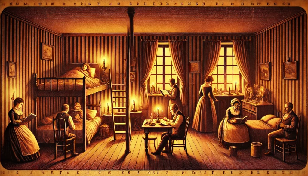 A historical representation of biphasic sleep, showing an old-fashioned bedroom lit by dim candlelight, with people engaged in quiet activities like reading or conversing between sleep phases. The warm, nostalgic atmosphere reflects traditional sleep patterns before artificial lighting.