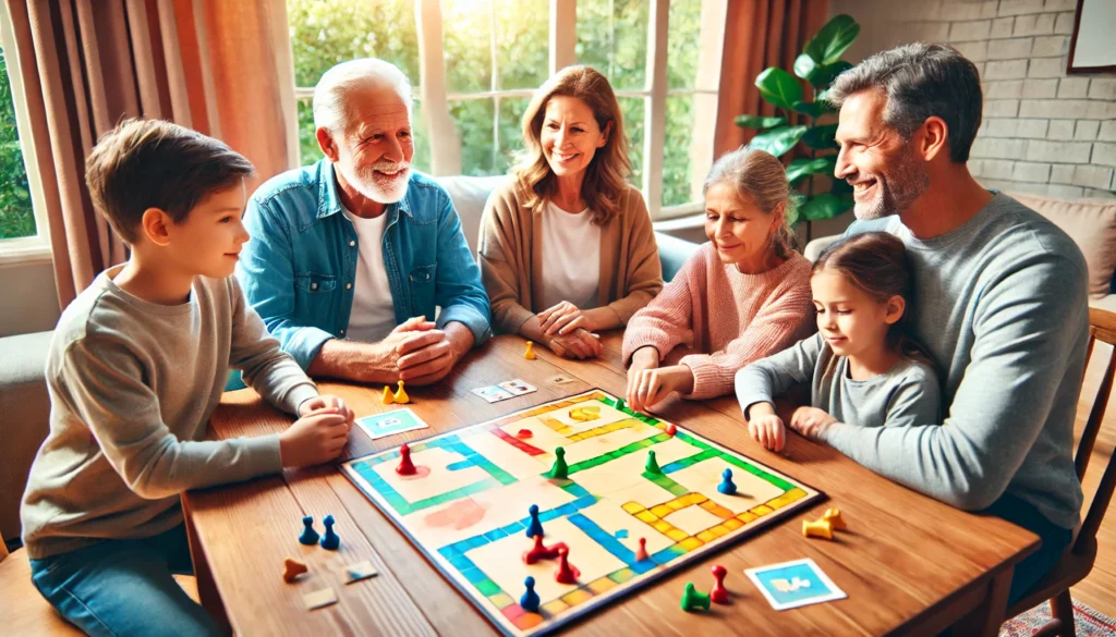 A cheerful setting where a family, including a senior with dementia, enjoys an accessible board game at a wooden table