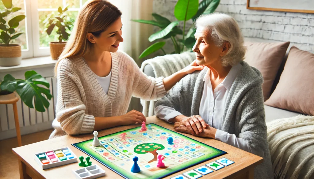 A supportive moment between an elderly woman and a caregiver, engaging in a tactile and memory-stimulating board game.