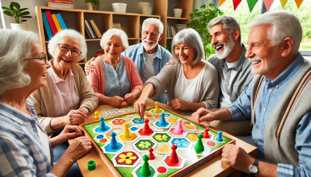 Seniors joyfully playing a sensory-friendly board game in a welcoming community center.