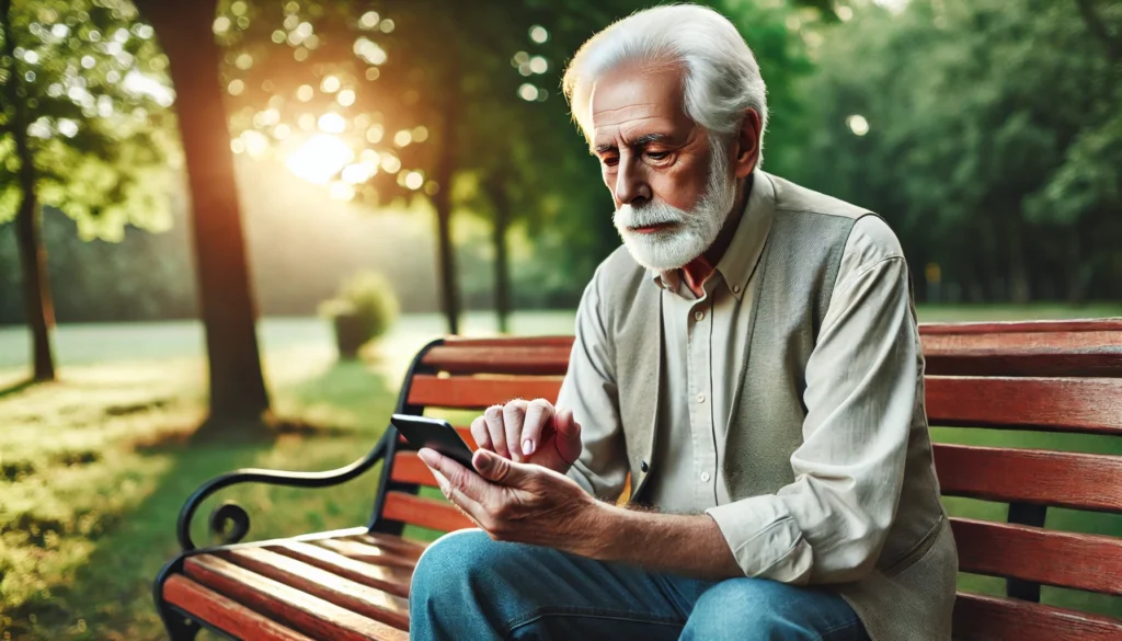 Senior man sitting on a park bench, focused on a memory app on his smartphone, surrounded by nature