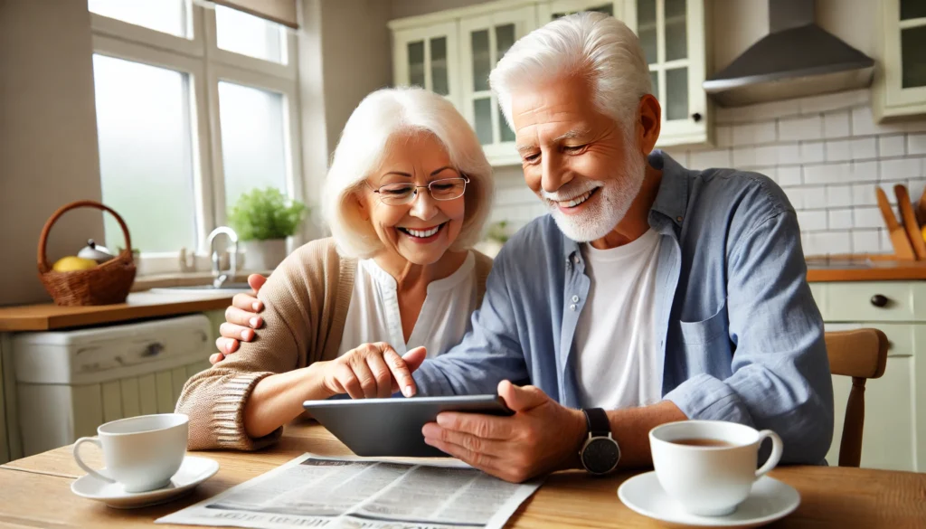 Elderly couple enjoying a memory app together on a tablet at their kitchen table, smiling and engaged