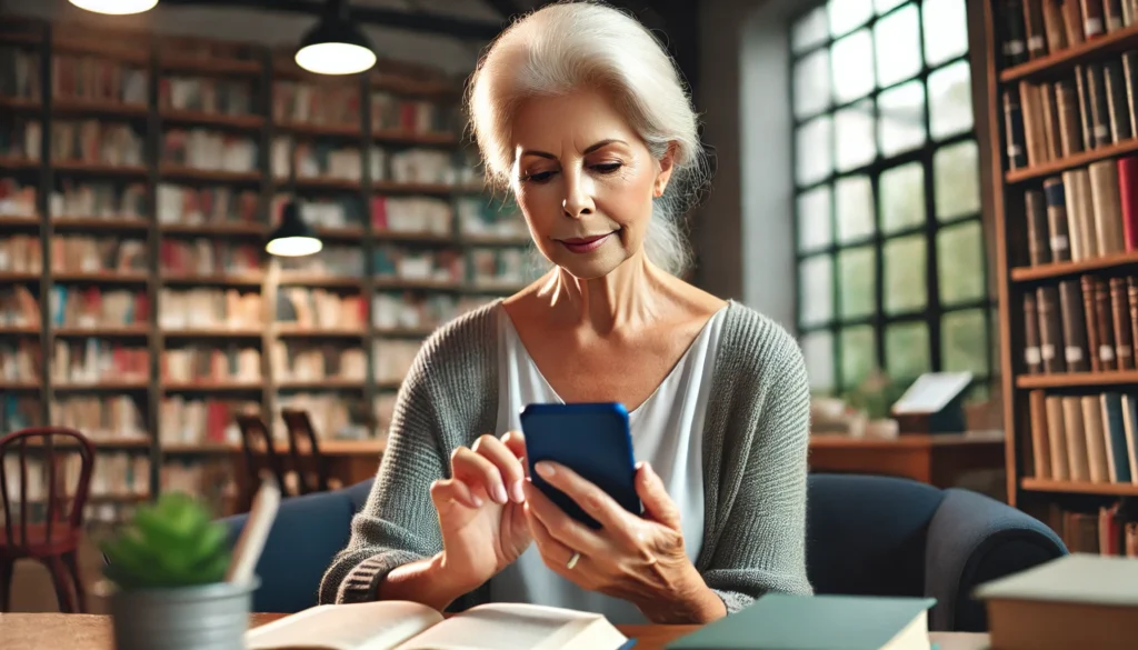 Senior woman in a library, concentrating on a memory app on her smartphone, surrounded by bookshelves