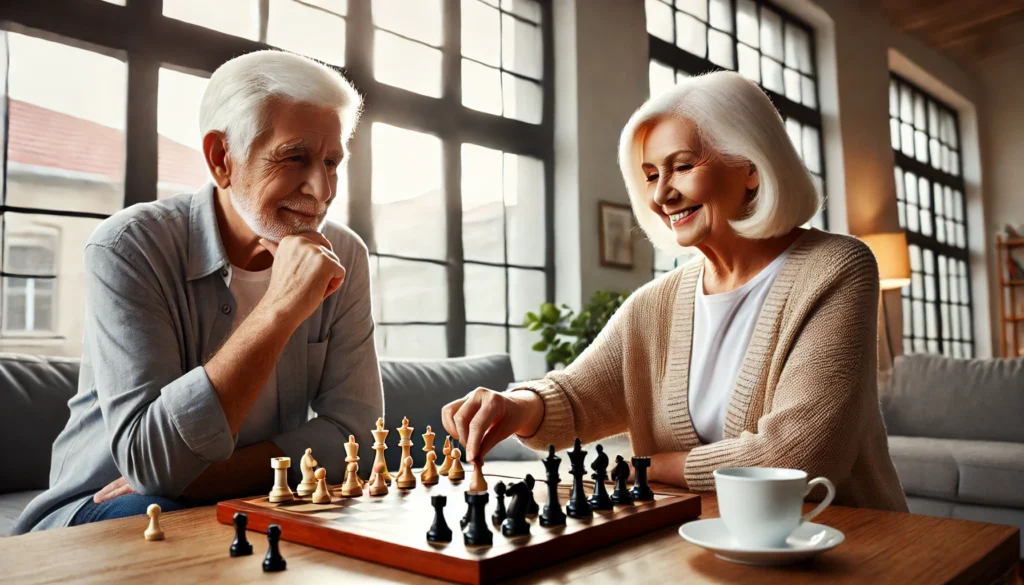 Elderly mental exercises: Senior couple playing chess, engaging in strategic thinking in a well-lit living room