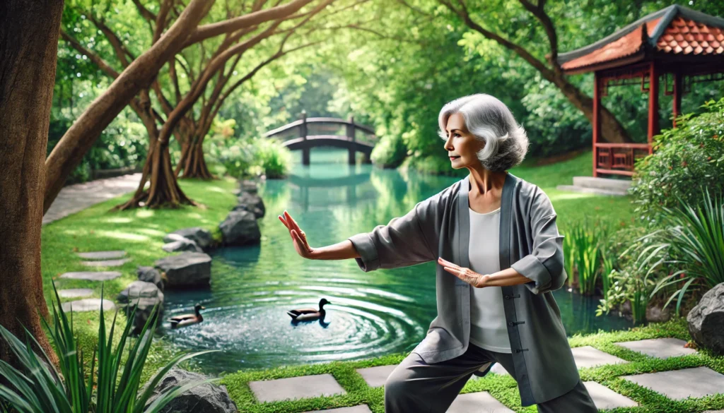 Elderly mental exercises: Senior woman practicing Tai Chi in a peaceful park to enhance mental clarity and focus