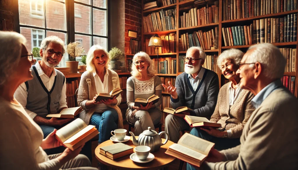 Elderly mental exercises: Seniors participating in a book club discussion, engaging in cognitive stimulation through reading and conversation