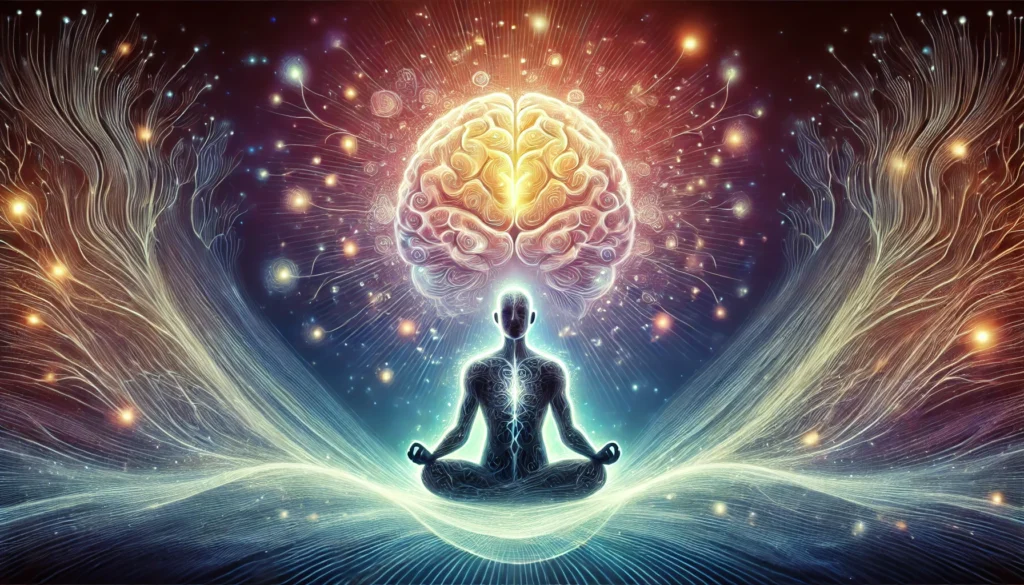 Artistic depiction of a person meditating with a glowing brain, surrounded by energy waves and neural pathways, symbolizing mindfulness and advanced brain power.