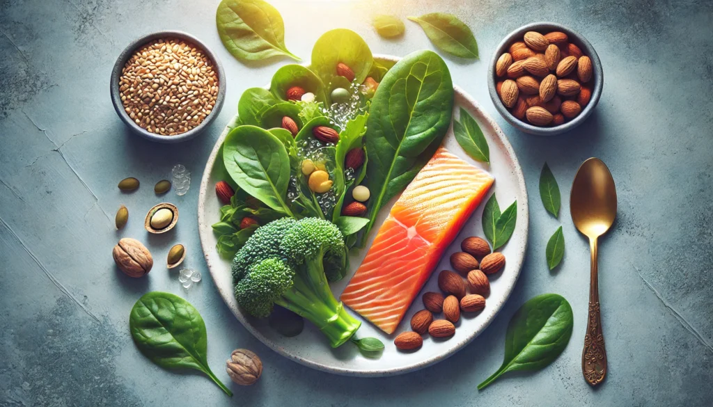 A visually appealing image of a healthy meal rich in essential vitamins for Adderall users, including salmon for omega-3s, leafy greens for B vitamins, and nuts for magnesium, highlighting the importance of nutrition for brain health.