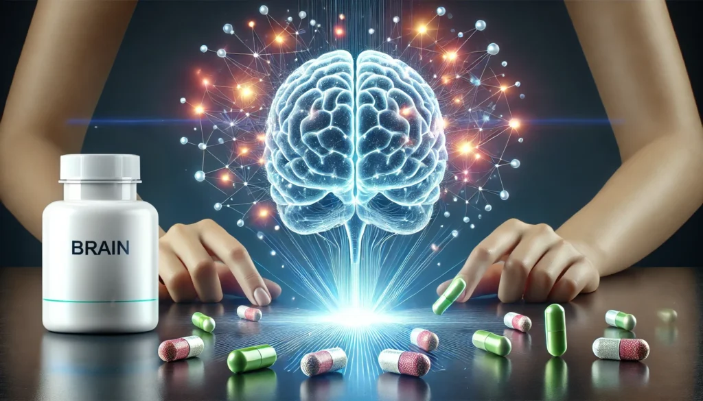 A high-quality conceptual image featuring a glowing human brain with activated neural pathways, surrounded by floating supplement pills. The sleek, modern background emphasizes the connection between brain function and nutritional support, with no bottles, text, or branding present.