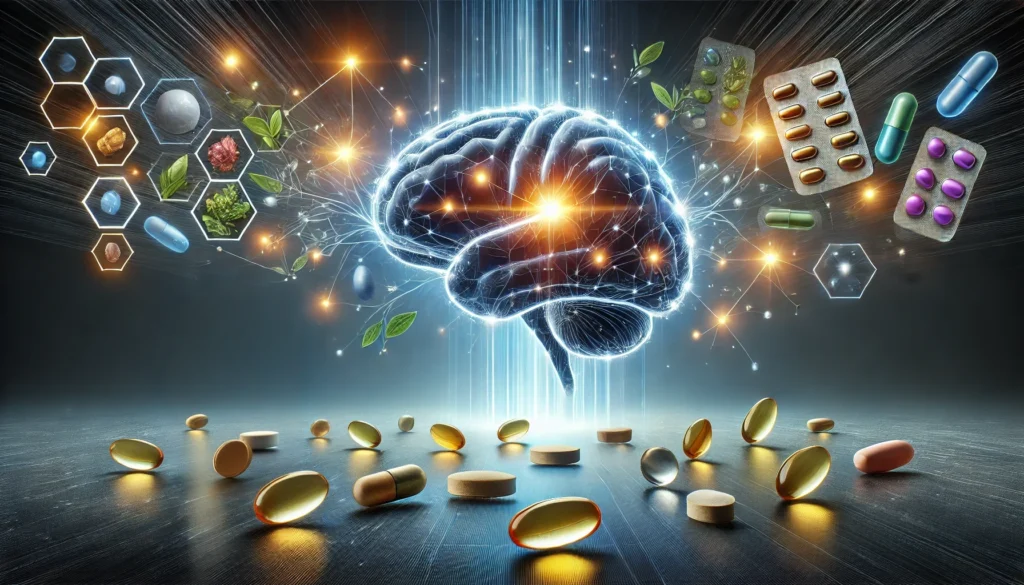 A conceptual image representing brain health support with natural supplements, featuring a glowing human brain with neural connections illuminated, surrounded by floating supplement pills such as omega-3 softgels, magnesium capsules, and vitamin D tablets. The background is sleek and modern, symbolizing cognitive enhancement and nutritional support. No bottles, containers, or text—only pills and softgels are shown.