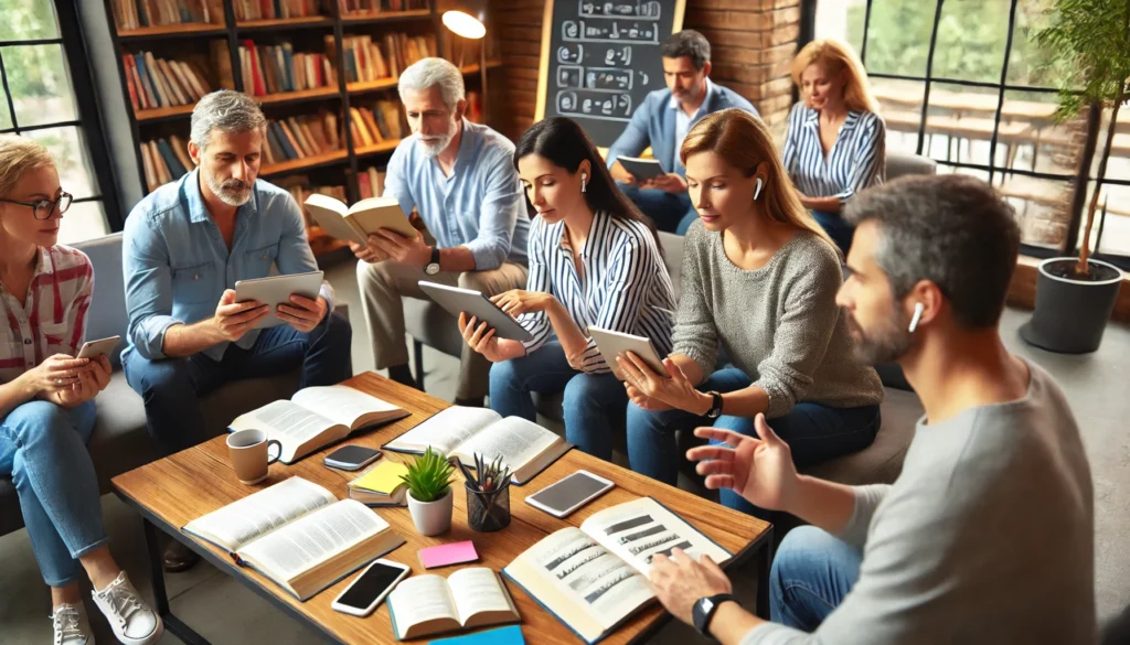 Adults in a library setting practicing a new language using books and digital tools, emphasizing memory and cognitive flexibility