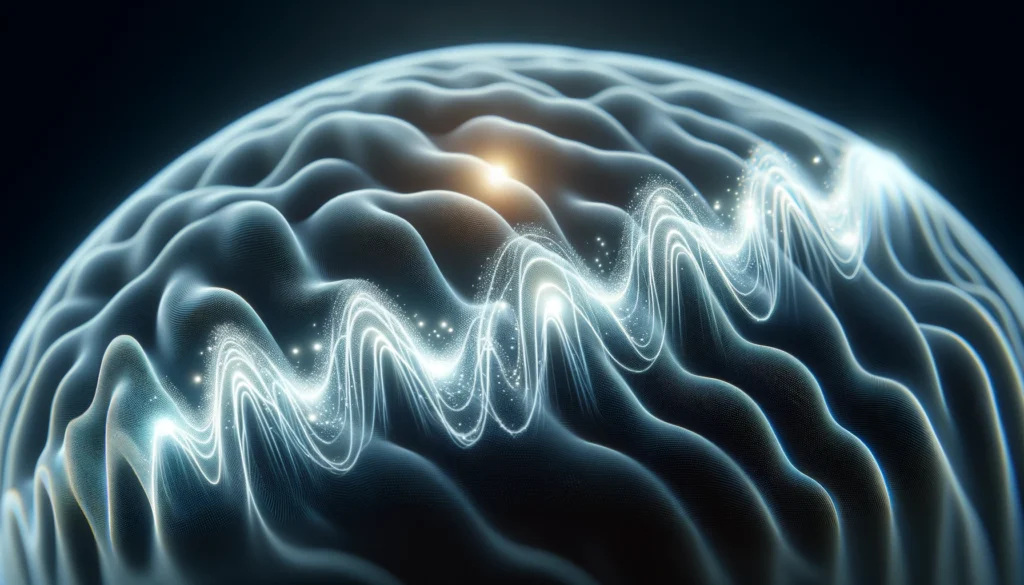 A close-up visualization of brainwave activity during light sleep, represented through soft glowing waves. This image highlights the role of theta waves in relaxation and memory consolidation.